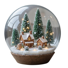 Snow globe with miniature houses and evergreen trees in winter  