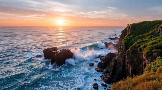 Waves crashing against the cliffs at sunset creating a beautiful scenery