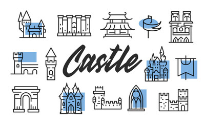 Castle poster. Castle poster design with Fortress, Medieval Tower, Fairy Tale Castle, Pagoda, and Arch icons. Simple poster for presentations, covers. Banner template. Vector illustration.