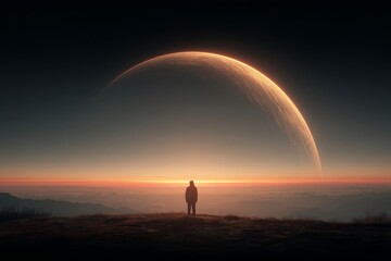 A solitary figure contemplates a planetary arc at dusk, an ethereal horizon blending the earth and a distant celestial body, conveying a sense of wonder and solitude.