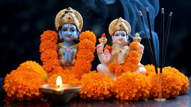 Hindu Deities Vishnu And Lakshmi Adorned With Orange Marigold Garlands And Lit Incense Sticks On A Dark Background With A Diya Oil Lamp