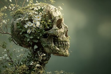 A haunting artistic composition featuring a skull adorned with flowers and foliage, symbolizing mortality and the cyclical nature of life, a creative concept.