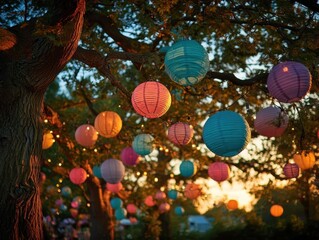 Colorful Paper Lanterns Display Under Trees Evening Twilight Festivities Lighting Decorations Celebrations Light Effect Displaying Bright Colors