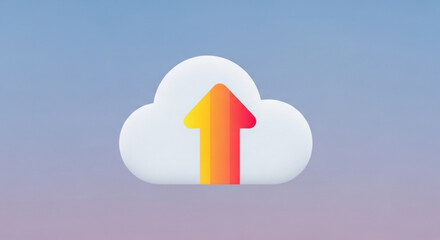 A cloud with an upward pointing arrow, symbolizing data upload or cloud storage, set against a gradient background modern and clean