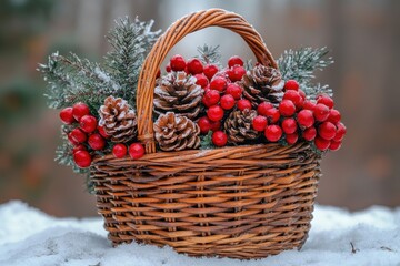 Basket filled with pine cones and berries.