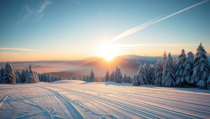 Snowy mountain landscape with trees and a bright sunrise in winter