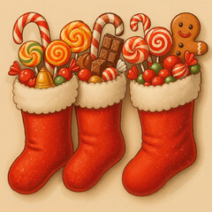 Christmas stockings filled with colorful candies and treats  