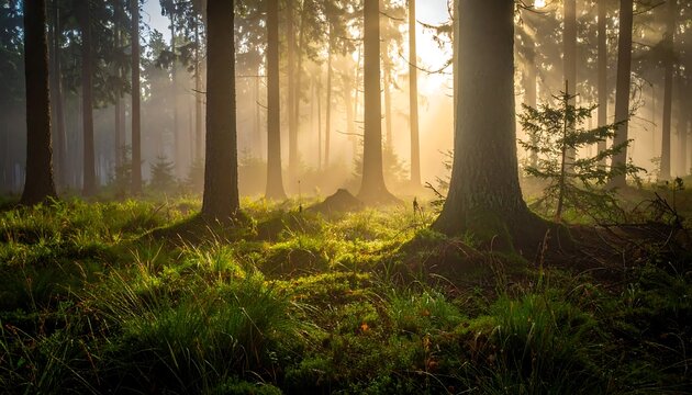 Sunbeams piercing a misty forest floor