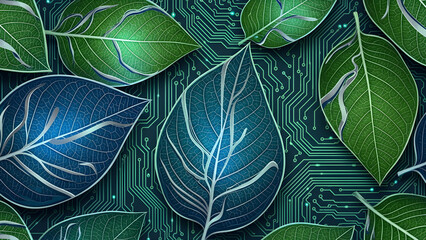 Seamless pattern merging organic leaf veins with cyber circuit lines, bioluminescent glow, futuristic eco-tech style, detailed vector design