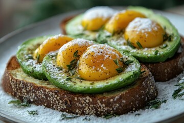 avocado toast slices with egg on plate.