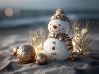 Snowman Ornament Golden Ornaments Twinkle Lights Sandy Beach Background