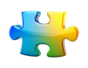 Fototapeta premium A single glossy jigsaw puzzle piece with a vibrant blue to yellow gradient, representing a crucial element for solutions, strategy, and connection