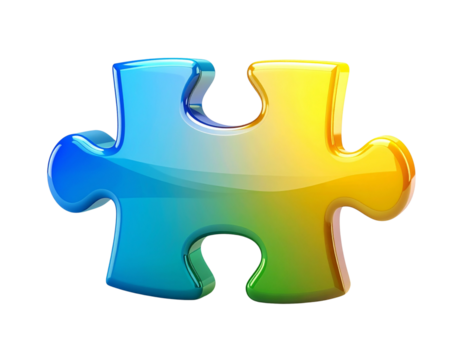 A single glossy jigsaw puzzle piece with a vibrant blue to yellow gradient, representing a crucial element for solutions, strategy, and connection