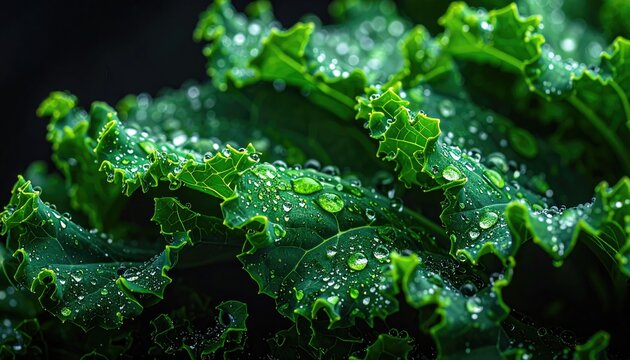 Lush, vibrant green kale leaves covered in glistening water droplets, against a dark background