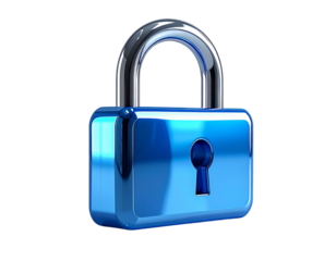 A shiny blue metallic padlock with a keyhole, a 3D rendered digital icon symbolizing security, privacy, and data protection on a clean white background