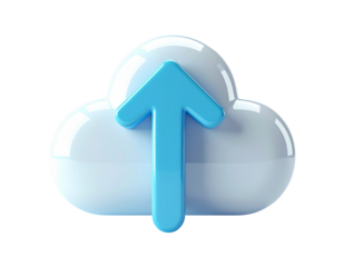 A glossy 3D cloud upload icon with a vibrant blue arrow pointing upwards, representing data transfer, online storage, and file sharing, isolated on a white background