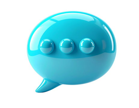 3D blue glossy speech bubble icon with typing dots for chat, messaging, and communication, isolated on a white background