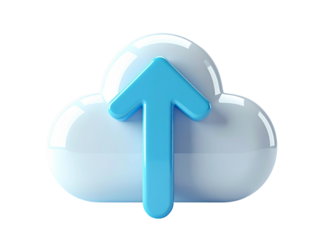 A glossy 3D cloud upload icon with a vibrant blue arrow pointing upwards, representing data transfer, online storage, and file sharing, isolated on a white background