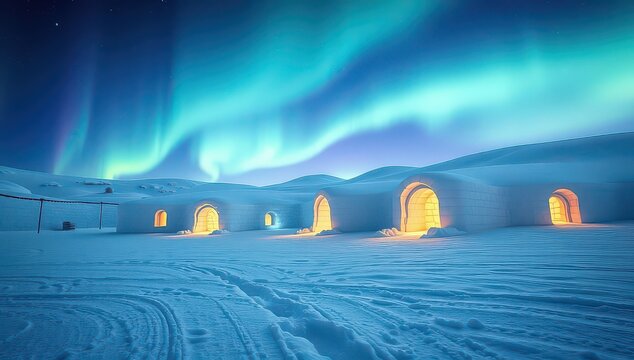 Aurora borealis illuminates igloo village under a starry night sky in winter