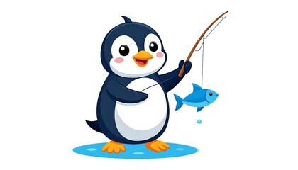 Naklejka premium Cute penguin holding fishing rod with caught fish