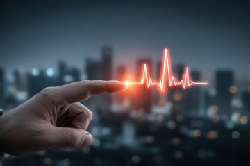 Man in suit points at a bright electrocardiogram line over city skyline, displaying healthcare technology and heart health innovation