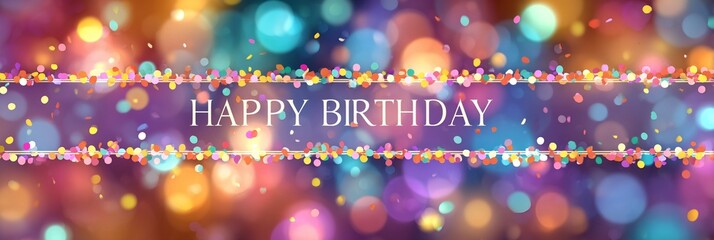 Happy Birthday banner with colorful confetti and bokeh lights, festive celebration background for party invitation or greeting card design.