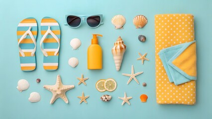 Flat lay of beach essentials including flip flops sunglasses sunscreen and seashells on a blue background