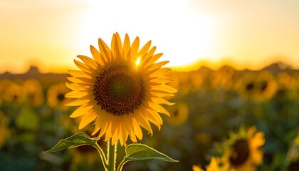 Naklejka premium Sunflower field at sunset