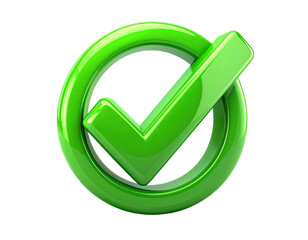 Shiny green checkmark within a ring, a 3D rendered graphic element for indicating yes, correct, or approved status, isolated on a white background