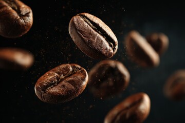 Fototapeta premium Freshly Roasted Coffee Beans Floating in Dark Space With Rich Texture and Aroma