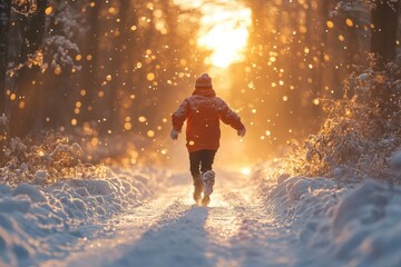 Child running in snow-covered forest.