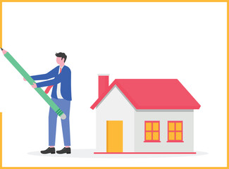 A businessman drawing a circle around himself and a building,
