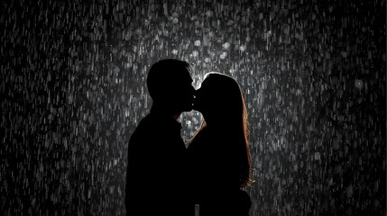 Silhouette of a couple kissing in the rain with a dark background wallpaper 4k, generative ai