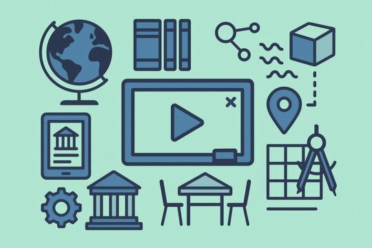 Global connectivity in modern education illustrated through digital platforms featuring diverse elements including a globe computer tablet educational resources and collaborative tools