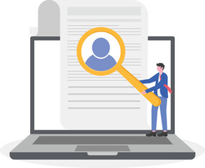 A businessman on top of a laptop holding a magnifying glass observing a person's profile,
