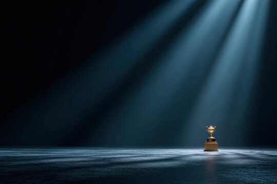 Gold trophy stands alone illuminated by spotlights in dark studio, signifying victory and achievement