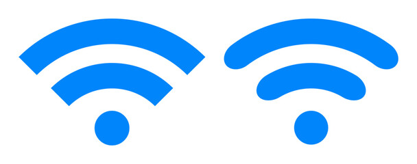 Two vector WiFi symbols in blue showcasing rounded and angular signal, designs for wireless internet or connectivity illustrations.