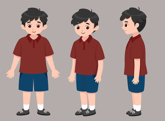 Cute Cartoon Boy Character Set for Children’s Educational Book
A cute cartoon boy character shown in front, side, and oblique view.