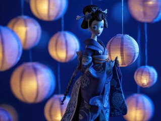 Exquisite Geisha Doll in Indigo Kimono Amidst Glowing Lanterns Traditional Japanese Artistry Illuminated Festival Night Scene