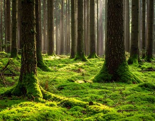 Obraz premium Sunlight filters through a dense forest