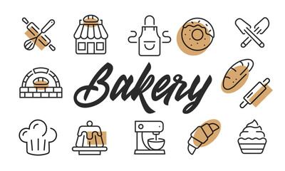 Bakery poster. Bakery poster design with Bread, Croissant, Doughnut, Rolling Pin, and Mixer icons. Simple poster for presentations, covers. Banner template. Vector illustration.