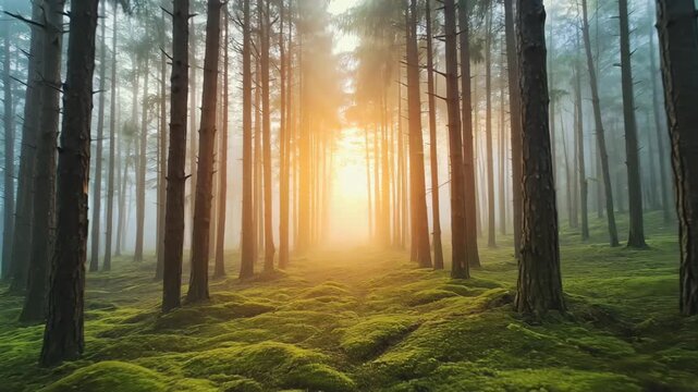 Golden sunlight streaming through tall pine forest covered in snow, creating a magical winter atmosphere full of warmth, contrast, and natural serenity