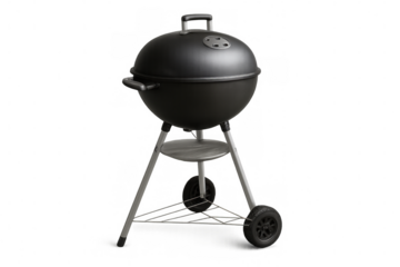 Black kettle charcoal grill with lid, handles, air vent, and wheels, ready for outdoor cooking and bbq, isolated on transparent