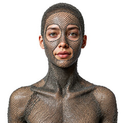 Young woman with mesh body art posing in studio with neutral background  