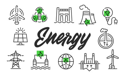 Energy poster. Energy poster design with Wind Turbine, Solar Panel, Power Plant, Battery, Globe icons. Simply poster for presentations, covers. Banner template. Vector illustration.