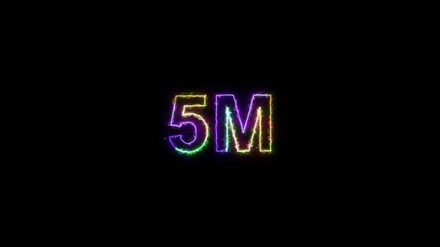 5M followers neon text animation on black background. 5 Million followers realistic neon sign. Neon text 5 million followers or 5 million subscribers for social media.