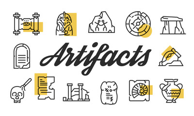 Artifacts poster. Artifacts poster design with Scroll, Statue, Fossil, Pottery, and Ruins icons. Simple poster for presentations, covers. Banner template. Vector illustration.
