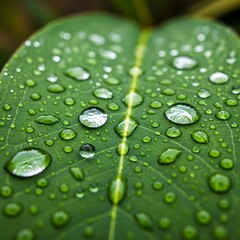 Close-up of a vibrant green leaf with glistening water droplets.