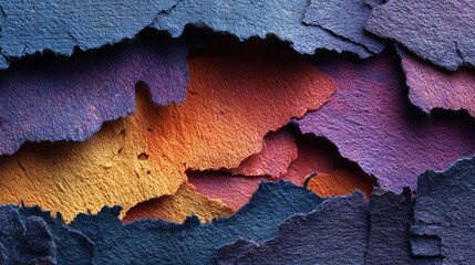 Layered paper textures in shades of blue, purple, orange, and yellow create abstract textural artwork with torn edges that reveal colorful layers