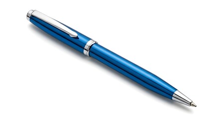 A metallic blue pen placed diagonally, isolated on a white background, an office object.